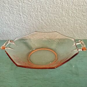Vintage Pink Depression Glass Octagon Etched floral Serving Bowl with handles
